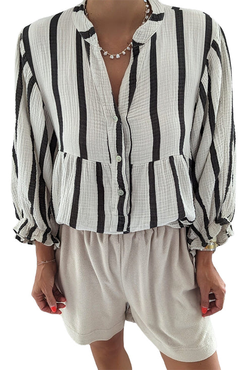 Stripe Crinckled Ruffled Sleeve Button up Loose Shirt